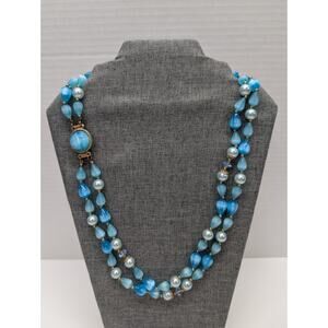 Vintage Blue Shades Moonglow Moon Glow Double Strand Necklace 1950s Pearl Beads